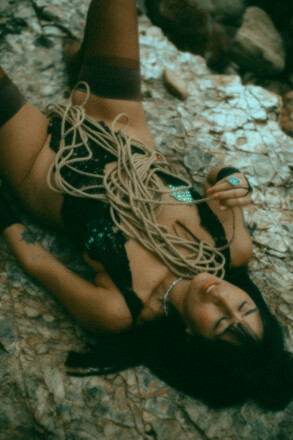Sensual Shibari with Goddess Eros who lies down with shibari ropes