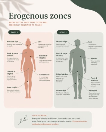 Erogenous zones: areas of the body which may be explored in erotic massage